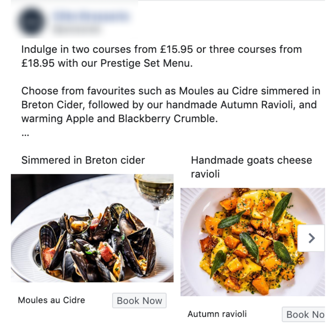 book now restaurant facebook ads